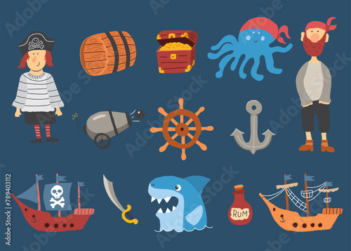 Cute Pirate elements collection. Cartoon sea adventures items set. Vector illustration
