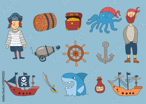 Cute Pirate elements collection. Cartoon sea adventures items set. Vector illustration