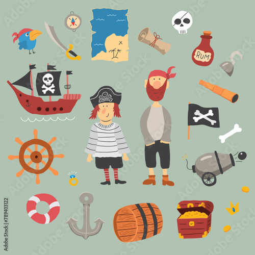 Cute Pirate elements collection. Cartoon sea adventures items set. Vector illustration