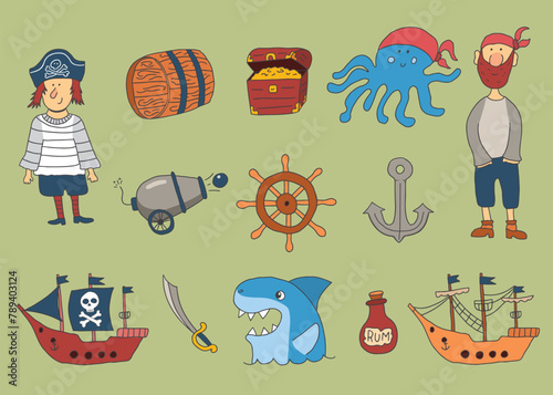 Cute Pirate elements collection. Cartoon sea adventures items set. Vector illustration
