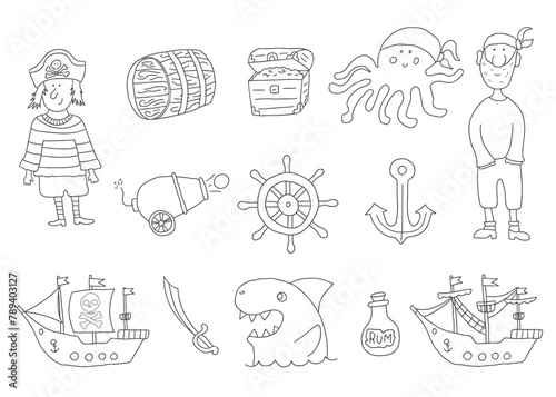 Cute Pirate elements collection. Cartoon sea adventures items set. Vector illustration