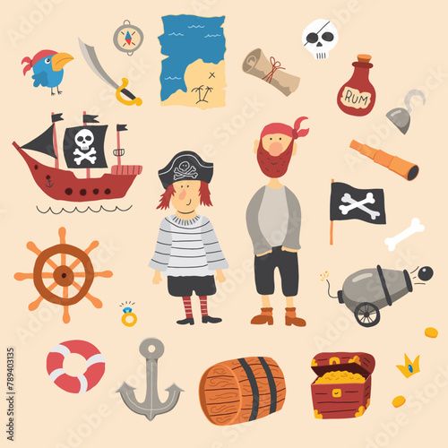 Cute Pirate elements collection. Cartoon sea adventures items set. Vector illustration