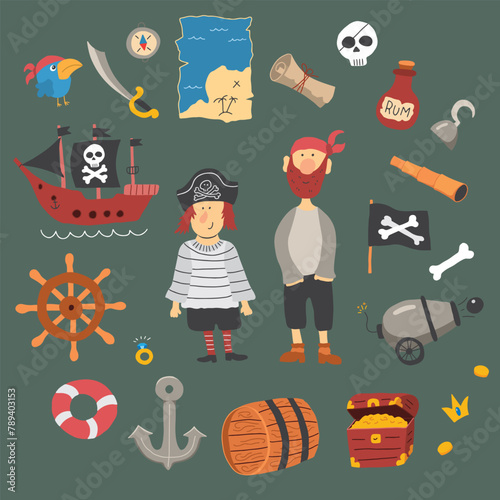 Cute Pirate elements collection. Cartoon sea adventures items set. Vector illustration