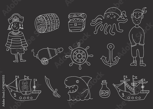 Cute Pirate elements collection. Cartoon sea adventures items set. Vector illustration
