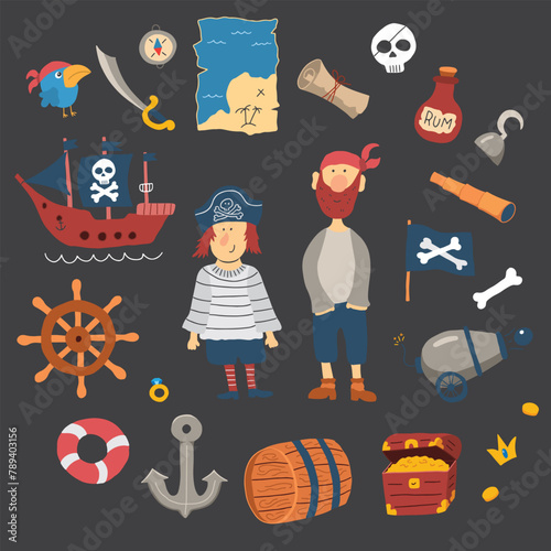 Cute Pirate elements collection. Cartoon sea adventures items set. Vector illustration