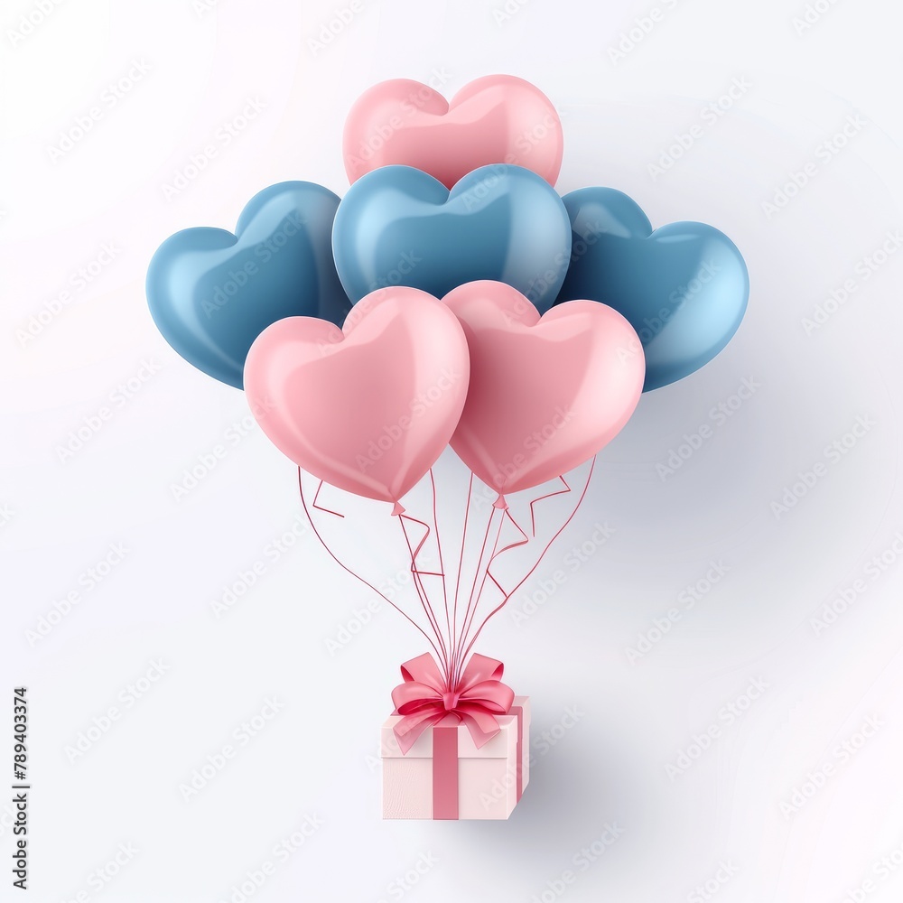 Happy valentines day celebration greeting card pink and blue air balloons in heart shape with wrapped gift box vertical Illustration on white background