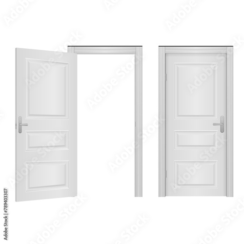 Fototapeta Naklejka Na Ścianę i Meble -  Open and closed front door of the house isolated on white background. Wooden outdoor entrance with shining light. Open and closed entrance realistic door. Classic room concept. Vector illustration.