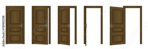 Open and closed front door of the house isolated on white background. Wooden outdoor entrance with shining light. Open and closed entrance realistic door. Classic room concept. Vector illustration.