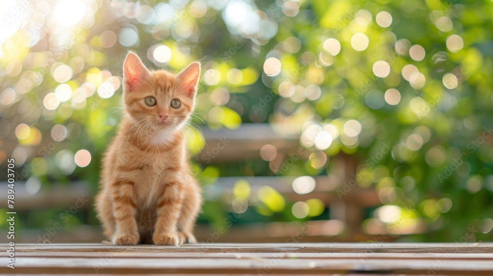 Cute orange kitten sitting on wood table with nature background Cute orange kitten sitting on wood table with nature background