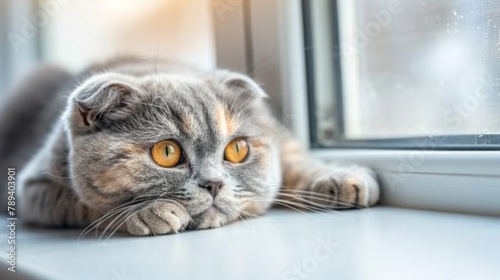 Cute scottish Fold breed cat with yellow eyes lying by the window at home, sunny day view. Soft fluffy purebred short hair lop-eared kitty on windowsill. Background, copy space, photo