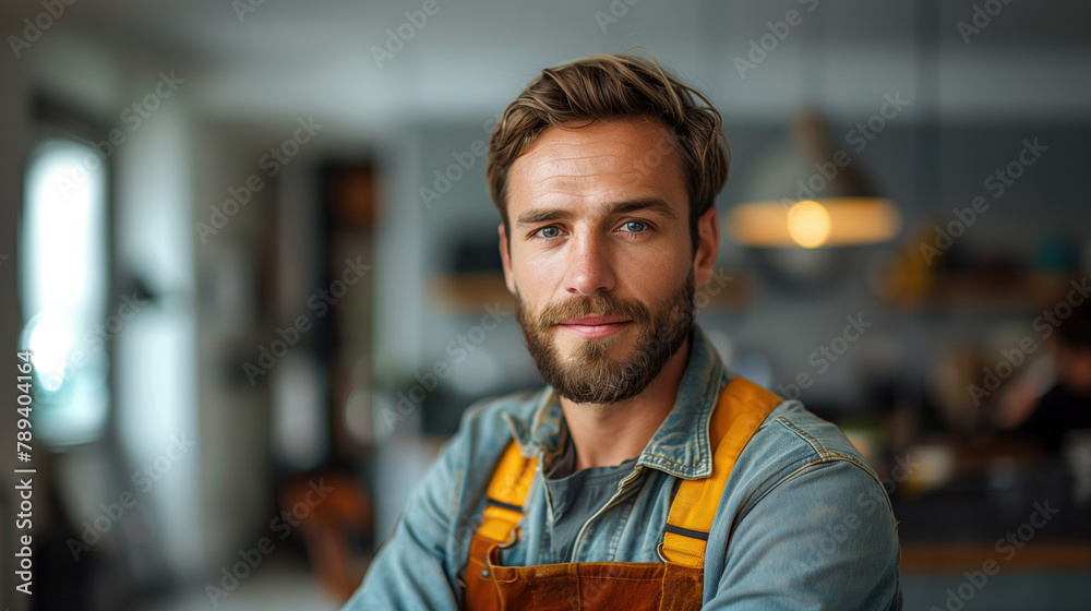A middle -aged man carries out repair work in the house. The builder looks directly into the camera. A middle -aged man carries out repair work in the house. The builder looks directly into the camera.