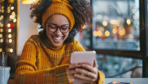 Joyful Online News  Woman Celebrates with Phone