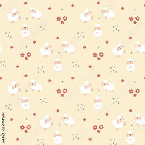 Cute Sheep Seamless Pattern, Cartoon Background vector Illustration