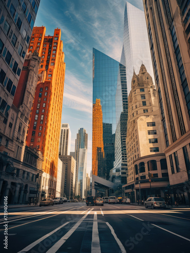 Urban Canyon of Modern Skyscrapers and City Streets