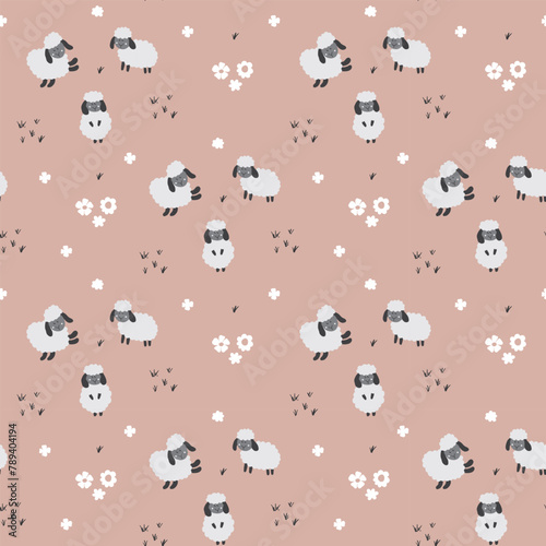 Cute Sheep Seamless Pattern, Cartoon Background vector Illustration © saint_antonio