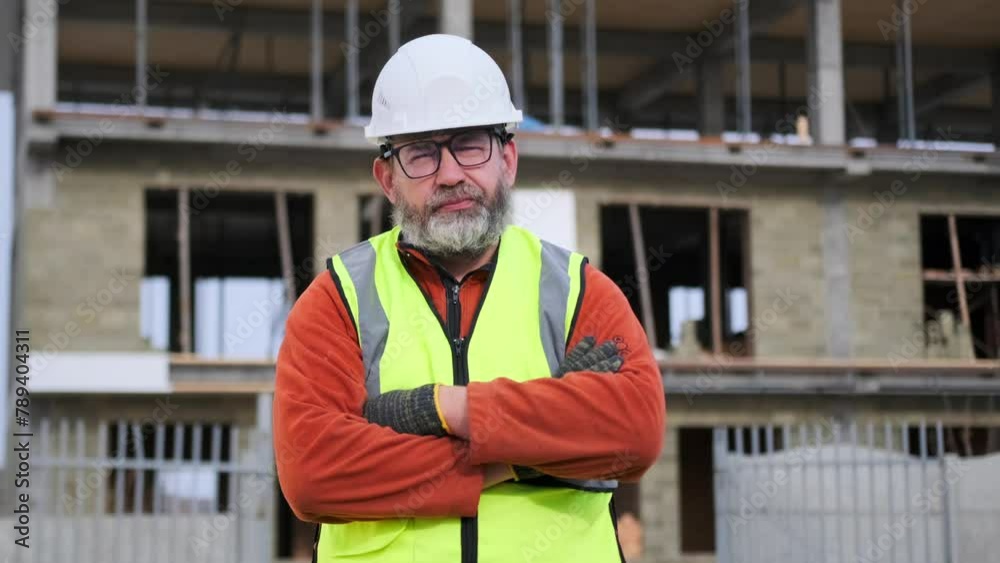 Man engineer portrait with arms crossed at city construction site, person, architecture, bearded worker contractor in outdoors, dissatisfied looking at camera.