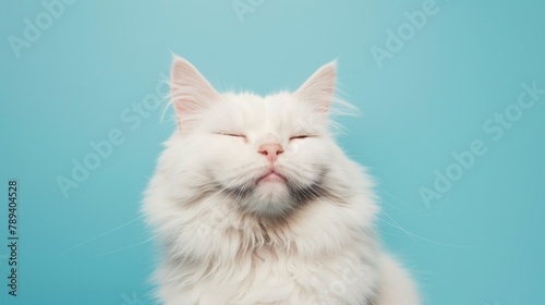 Funny portrait of a funny white fluffy purebred winking cat on a blue background