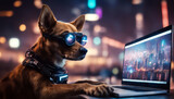 Futuristic laptop wearing dog work city time night glasses cyberpunk background virtual reality three-dimensional realistic white doggy pet sunglasses fantasy closeup goggles