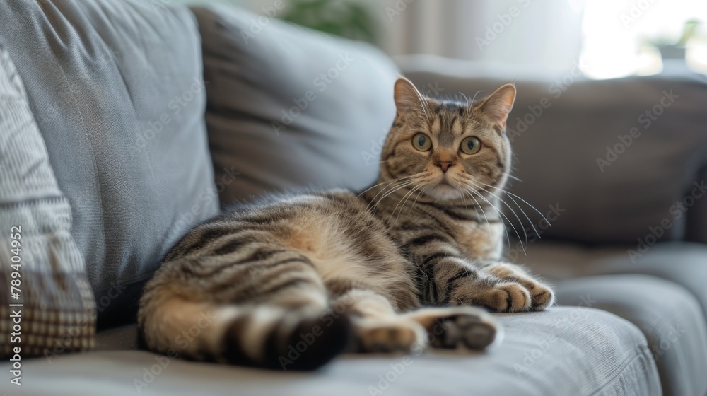 Scottish Fold cat is sitting on the couch as a human Scottish Fold cat is sitting on the couch as a human