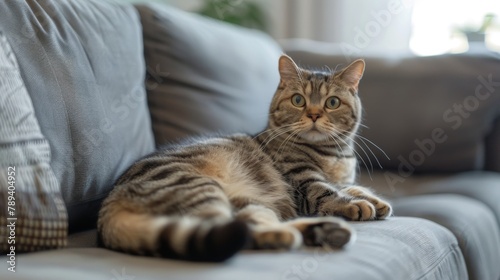 Scottish Fold cat is sitting on the couch as a human