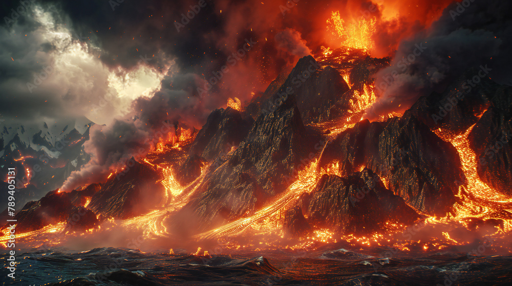 Volcanic eruption at sea lava flowing