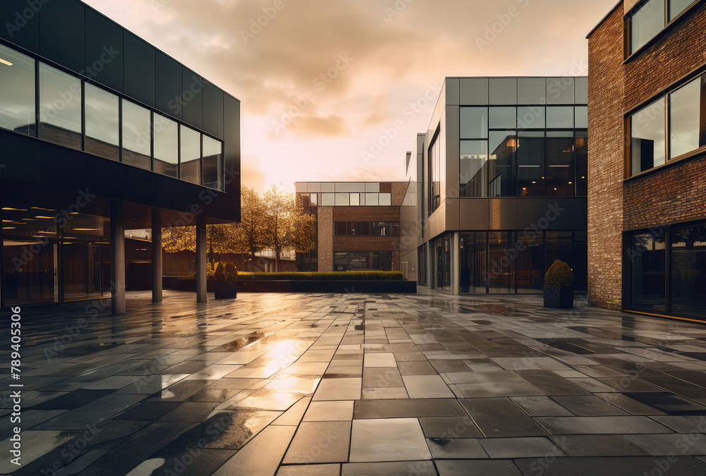 Fototapeta premium Modern Office Complex Under Golden Sunset Sky