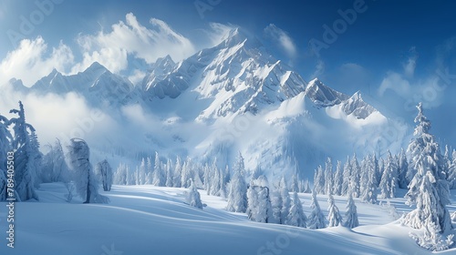 Winter landscape with snowy mountain lake and pine trees covered with snow.