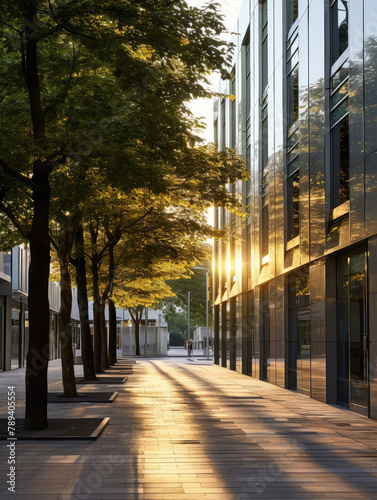 Sunset Glow on Quiet City Street with Trees