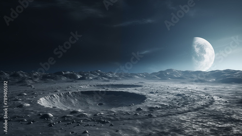 3D scene picture of a huge crater on a desolate alien wilderness 