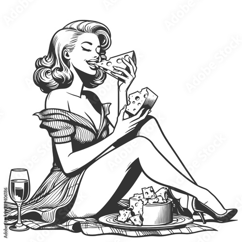 Retro pin-up girl woman eats cheese sketch engraving generative ai fictional character vector illustration. Scratch board imitation. Black and white image.