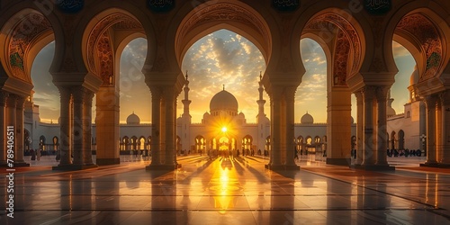 Magnificent Mosque Illuminated by Dawn s Golden Light Worshippers Gathered for Celebratory Prayers photo