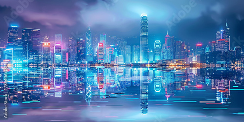 an eye-catching stock image of a bustling city skyline at night, with neon lights and skyscrapers reflecting off a glassy surface below