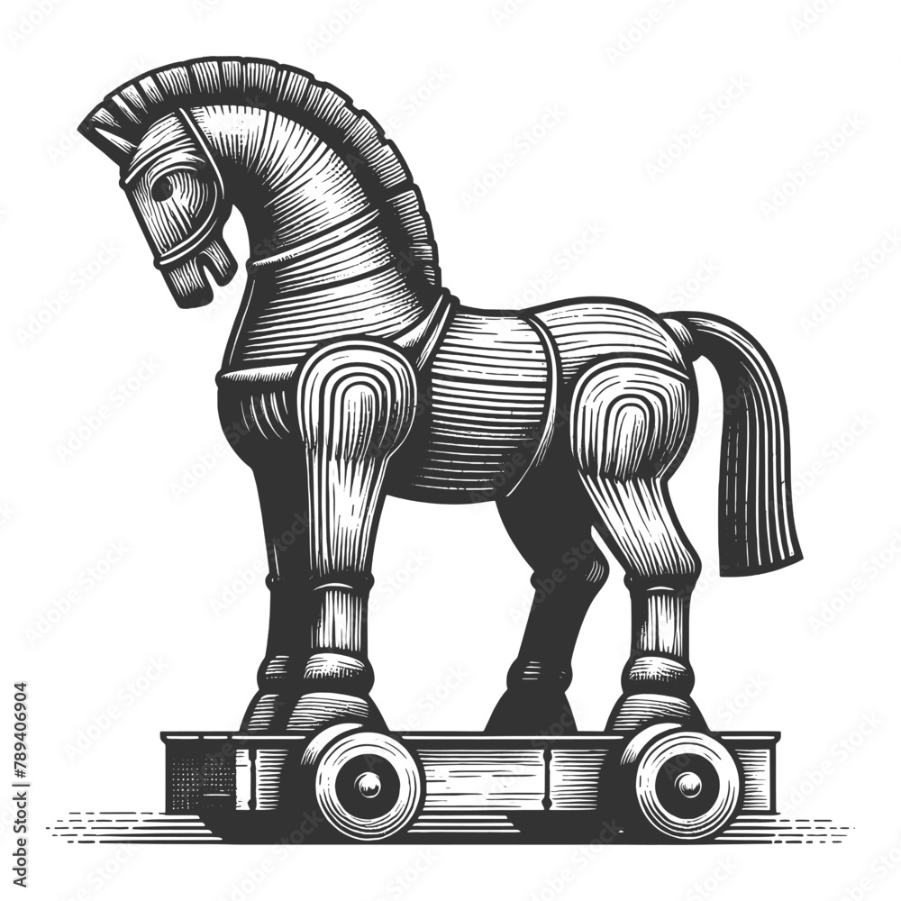 Trojan horse wooden horse toy mounted on a wheeled platform, showcasing ...