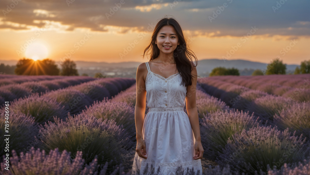 Bellissima ragazza di origini asiatiche felice in un campo di lavanda della Francia meridionale al tramonto durante una vacanza vestita con un abito di lino bianco Bellissima ragazza di origini asiatiche felice in un campo di lavanda della Francia meridionale al tramonto durante una vacanza vestita con un abito di lino bianco