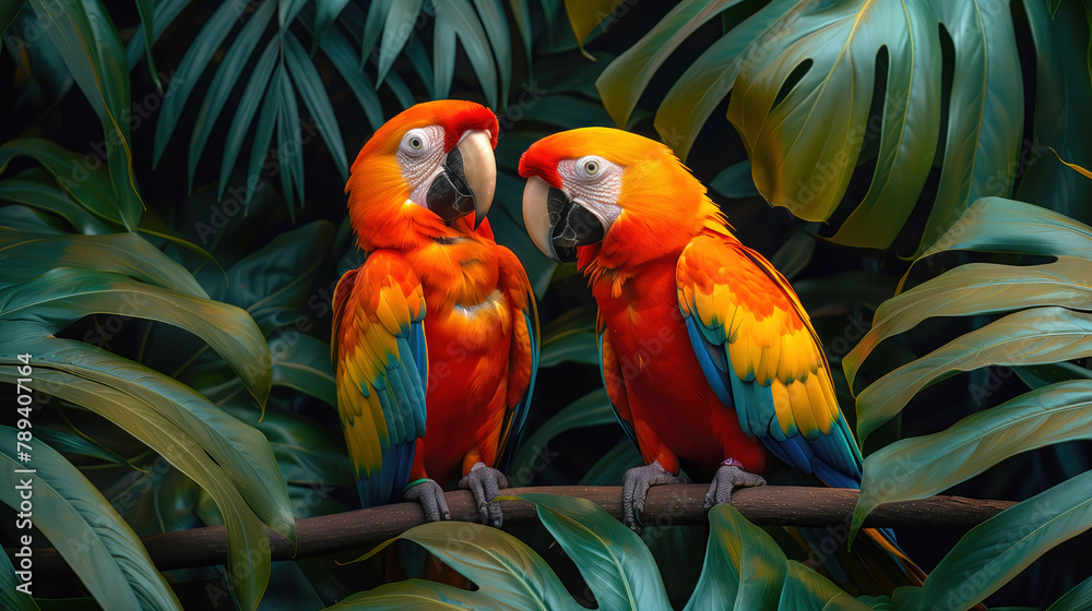Obraz premium Parrots sit in the leaves of the palm tree. Two parrots in Brazil.