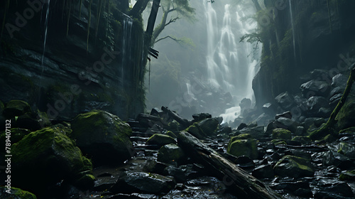 A cascading waterfall hidden within a dense, mist-covered forest.