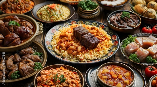 Elaborate Eid al Adha Festive Table Spread with Traditional Middle Eastern Dishes and Vibrant Decorative Patterns