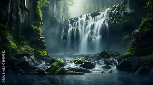 A cascading waterfall hidden within a dense  mist-covered forest.