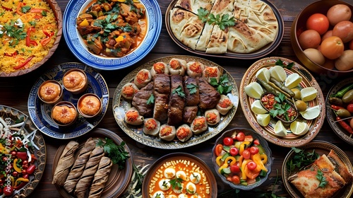 Lavish Eid al Adha Feast with Vibrant Middle Eastern Cuisine and Decorative Tableware