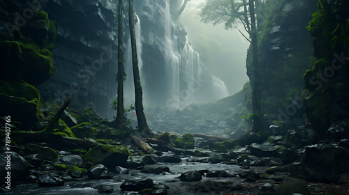 A cascading waterfall hidden within a dense, mist-covered forest. © Ansar