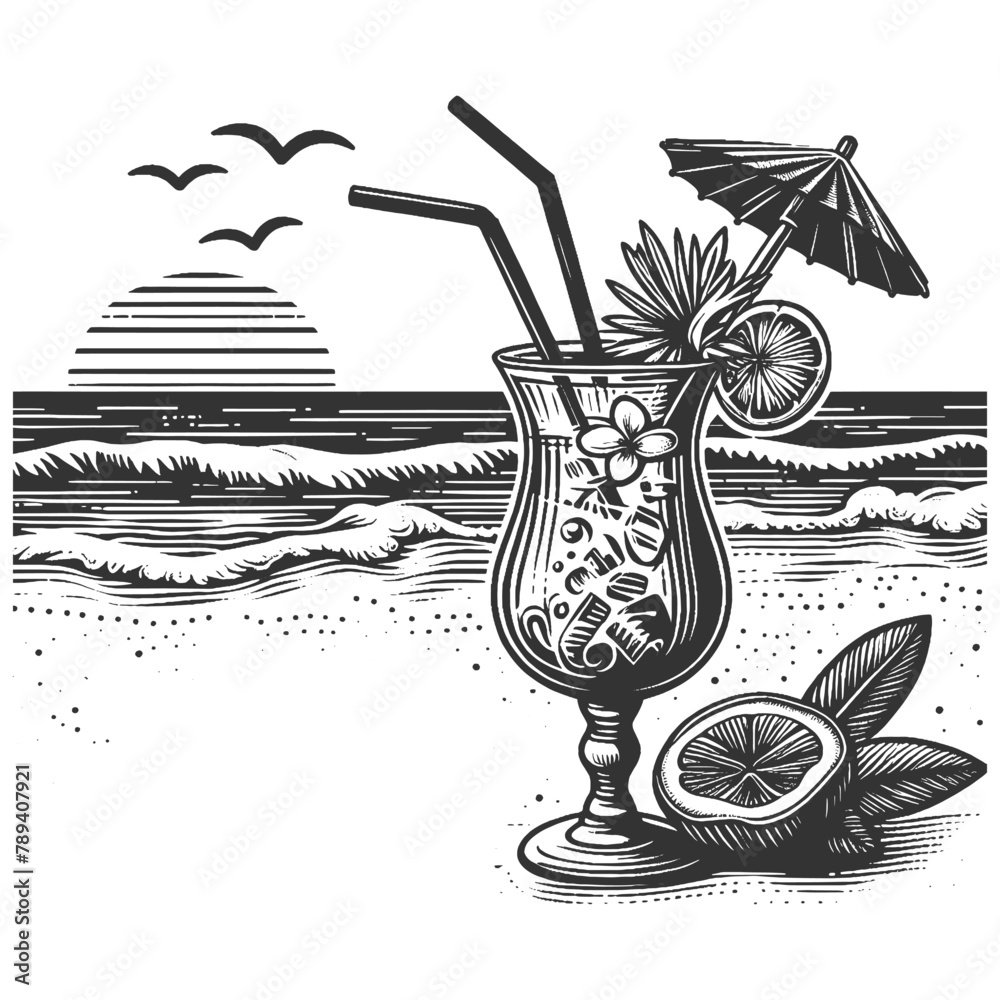 refreshing cocktail on a tropical beach with palm trees and exotic fruit sketch engraving generative ai vector illustration. Scratch board imitation. Black and white image. - obrazy, fototapety, plakaty 