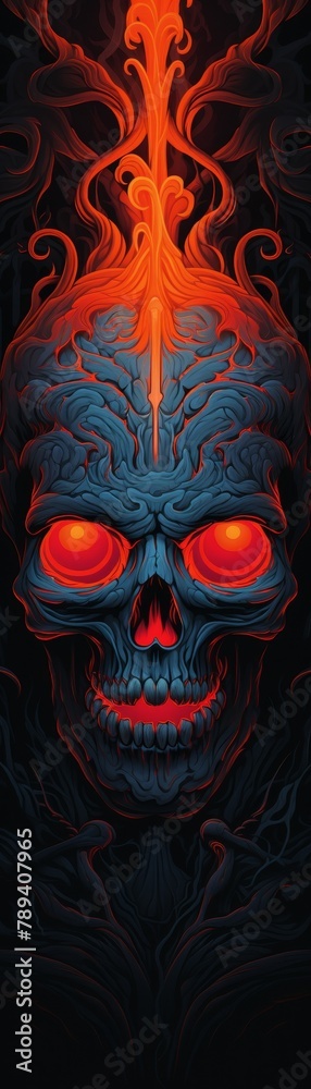 A skull with glowing red eyes and a red flame coming out of the top of ...