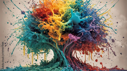 Árbol de la creatividad: un fondo abstracto donde las raíces de un árbol se entrelazan en una explosión de color y formas, pintando un retrato de la vida en movimiento photo