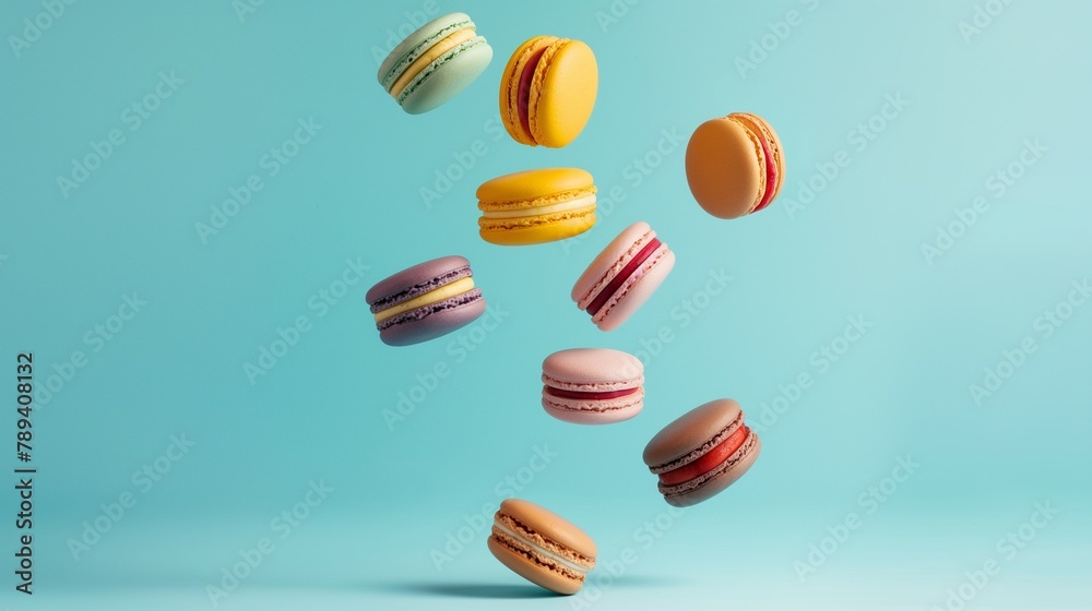 Pastel-colored macarons falling to the ground on a blue backdrop. Creative minimal sweet food concept. Pastel-colored macarons falling to the ground on a blue backdrop. Creative minimal sweet food concept.