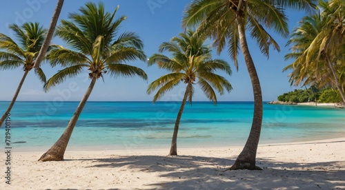  Scenic view of a tropical beach with turquoise water, white sand, and lush palm trees against a clear blue sky.