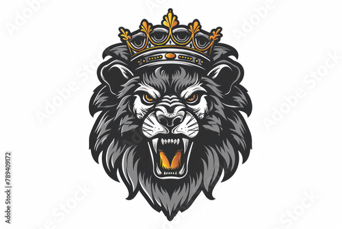 angry lion head with crown illustration on a white background. illustration of a black and gray roaring royal king or queen cat mascot character for an emblem, print t-shirt design.