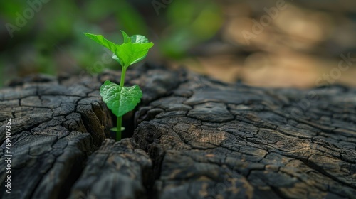Regeneration from the Roots, Young Tree Sprouts from a Stump,  Symbol of Resilience in a New Shoot, Nature's Phoenix , showing new generation with heredity, conceptual image photo