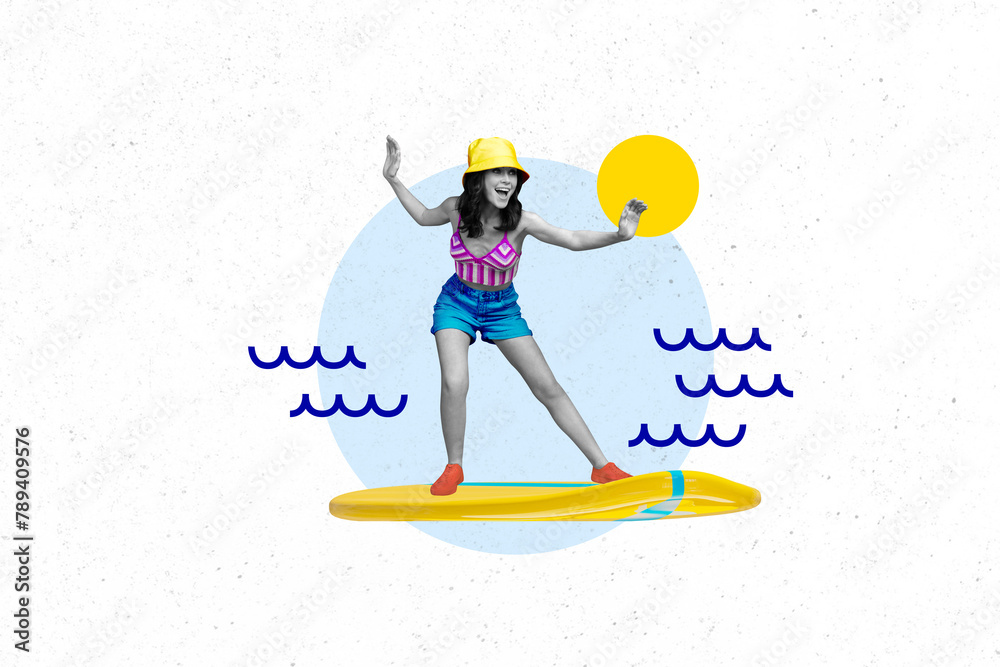 Creative picture collage young happy energetic girl traveler vacation summer time sunny weather wavy resort drawing background