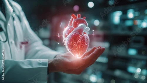 The doctor cardiothoracic surgeon examines the patient's heart condition using a futuristic holography. Concept of medicine, doctors, future, holograp photo