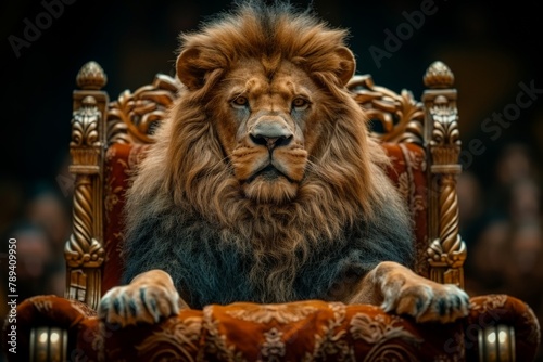 Majestic image of a powerful lion seated on an ornate golden throne  exuding strength and royalty in an opulent setting
